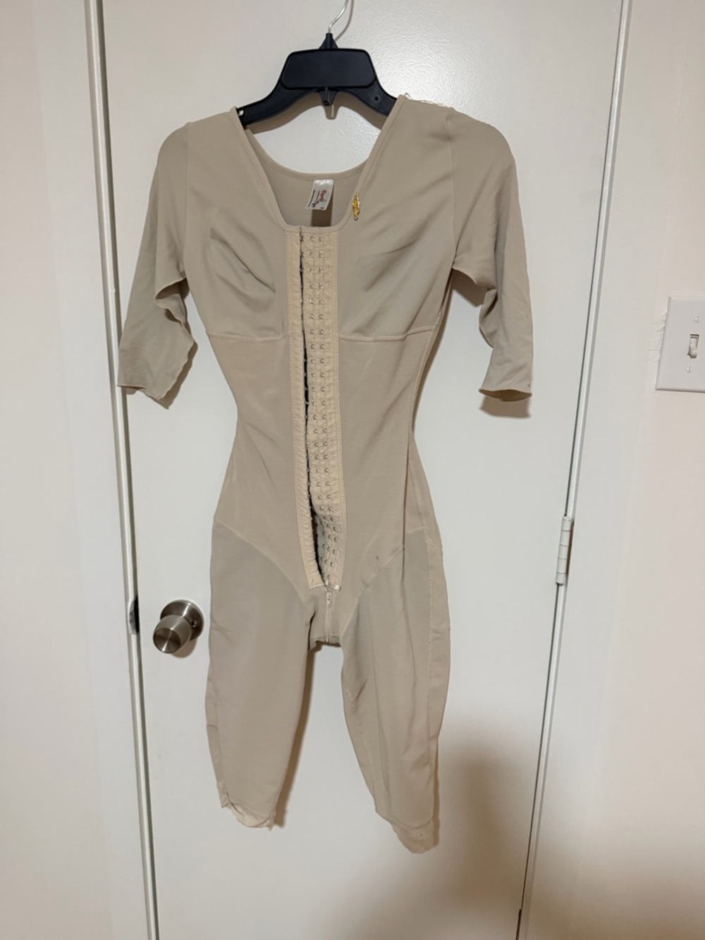 Beige Full-Body Shapewear Bodysuit with Front Hook Closure